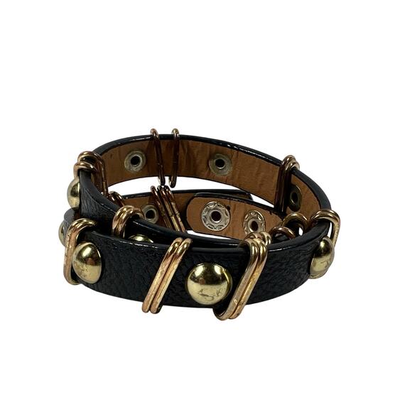 Leather Bracelet Black Gold Tone Studded Buckle Wrapped Metal Adjustable Punk - Picture 6 of 10
